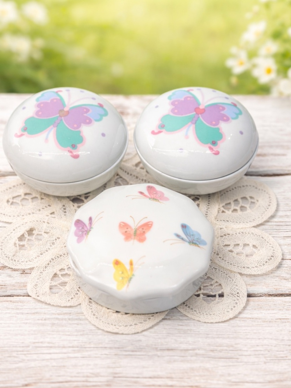 Vintage Lidded Porcelain Butterfly Trinket Dishes Set of 3 Japan Hand Painted